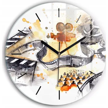 Hodiny Moderní skleněné nástěnné hodiny s potiskem Kinematografie kamera průměr 30 cm