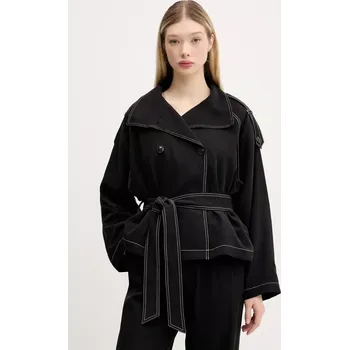 Dámský kabát Kabát s lněnou směsí HUGO černá barva, oversize, 50536642 99X, vel. 36