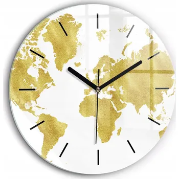 Hodiny Moderní skleněné nástěnné hodiny Zlatá mapa světa černé ručičky průměr 60 cm