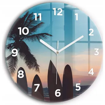 Hodiny Moderní skleněné hodiny s grafikou na zeď Surfing na pláži kulatý průměr 30 cm