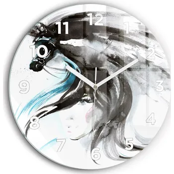 Hodiny Foto hodiny nástěnné Abstrakce kůň a žena bílé ručičky kulatý průměr 60 cm