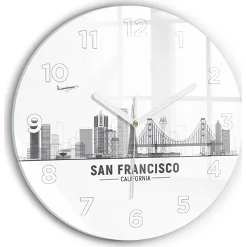 Hodiny Moderní skleněné nástěnné hodiny s potiskem Panorama San Francisco průměr 30 cm