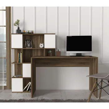 Psací stůl Praktický bílý psací stůl CALEDON s regálkem, 164x120x60 cm, ořech