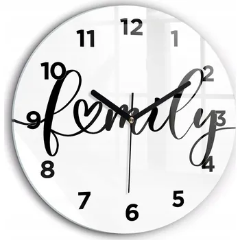 Hodiny Dekorativní nástěnné hodiny s krásnou grafikou Nápis Family a srdce, průměr 60 cm