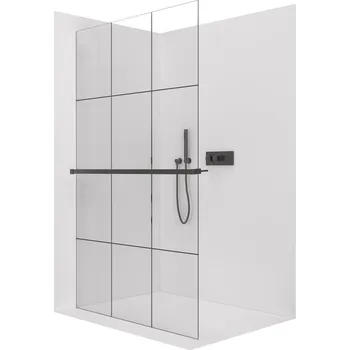CERANO - Sprchová zástěna Walk-in Crystal L/P - 8 mm + polička/držák na ručníky - bezvzpěrový systém - černá matná, industriální sklo - 140x200 cm