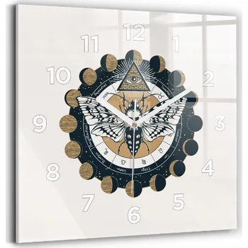 Hodiny Skleněné hodiny s potiskem Tiché Nástěnné Fáze měsíce a oko 30x30 cm