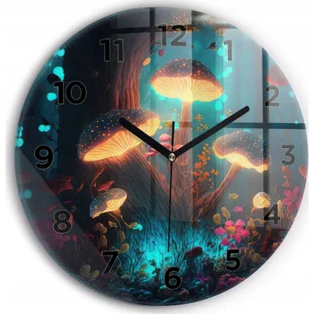 Hodiny Moderní skleněné nástěnné hodiny s potiskem Les a kouzelné houby průměr 30 cm