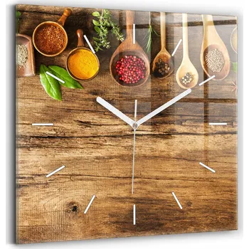 Hodiny Čtvercové Skleněné Nástěnné Hodiny do Kanceláře s Grafikou Koření (Lžíce) 30x30 cm