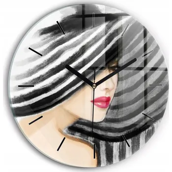 Hodiny Čtvercové Skleněné Nástěnné Hodiny s Grafikou Žena v Černobílé barvě fi30 cm