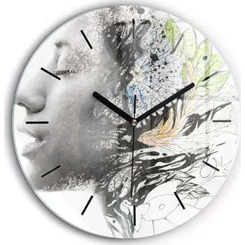 Hodiny Skleněné nástěnné hodiny do obýváku s motivem Abstrakce tvář ženy průměr 60 cm