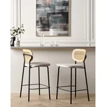 Sada 2 barových židlí Světle béžové polyesterové čalounění Přírodní ratanový vídeňský výplet Opěradlo Černé kovové nohy Stoličky bez područek Beliani