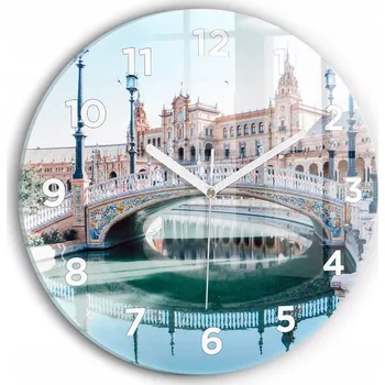 Hodiny Skleněné nástěnné hodiny do obýváku s motivem Španělského náměstí v Seville, průměr 30 cm