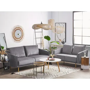 Sedací souprava šedá sametová sedací souprava, zlaté nohy, retro polštáře Beliani