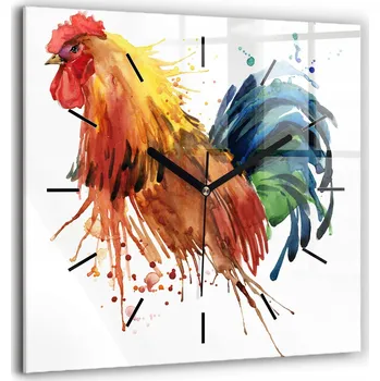 Hodiny Minimalistické skleněné nástěnné hodiny s S Potiskem - Barevný kohout, 60x60 cm