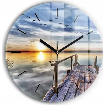 Hodiny Moderní skleněné foto hodiny na zeď Jezero Západ Slunce kulatý průměr 30 cm
