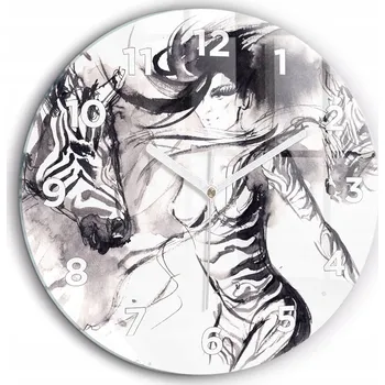 Hodiny Čtvercové Skleněné Nástěnné Hodiny do Kanceláře s Grafikou Žena a Zebry fi60 cm