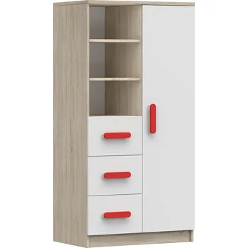 Knihovna Regál 80 3S1D SMYK III - 05, Dub Sonoma/Bílá/Červená