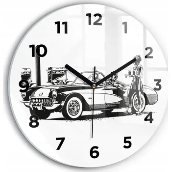 Hodiny Moderní skleněné hodiny s grafikou na zeď Retro Ilustrace kulatý průměr 30 cm