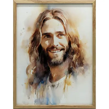 Obraz Plakát Usmívající se Ježíš, 30x40 cm, tmavě hnědý dřevěný rám, matný papír 230 g/m² v rámu 32 x 46 cm