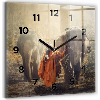 Hodiny Skleněné nástěnné hodiny do obýváku se vzorem Mnich vedoucí slony 30x30 cm