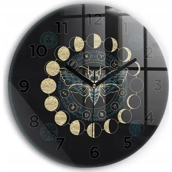 Hodiny Moderní skleněné nástěnné hodiny s potiskem Fáze měsíce a hmyz průměr 30 cm