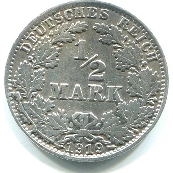 NĚMECKO. 1/2 Mark 1919/A. Ag.