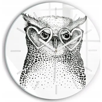 Hodiny Skleněné foto hodiny na zeď Kreslená sova v brýlích kulatý průměr 30 cm