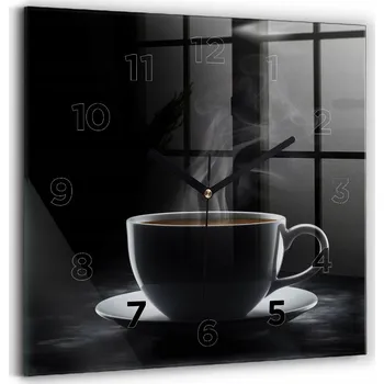 Hodiny Čtvercové Skleněné Nástěnné Hodiny s Grafikou Šálek černé kávy 30x30 cm