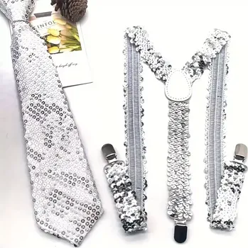 Karnevalový doplněk Sada kšandy a kravata flitrová - stříbrná