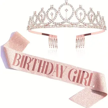 Party dekorace dovoz Sada Happy Girl - šerpa a korunka růžová