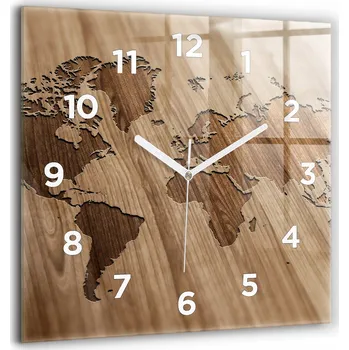 Hodiny Skleněné nástěnné hodiny se stylovým potiskem Mapa světa na dřevě 60x60 cm