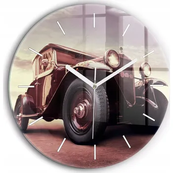 Hodiny Skleněné foto hodiny na zeď Auto ve Vintage stylu bílé ručičky průměr 60 cm