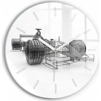 Hodiny Moderní skleněné nástěnné hodiny s potiskem, design závodního vozu F1, průměr 30 cm