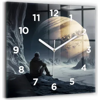 Hodiny Skleněné nástěnné hodiny do obýváku s motivem člověka na pozadí měsíce 30x30 cm