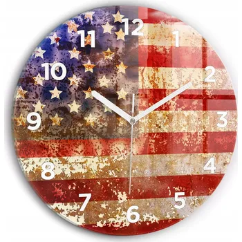 Hodiny Kulatý Skleněné Nástěnné Hodiny s motivem Vlajky USA ve vintage stylu fi30 cm