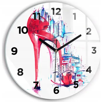 Hodiny Moderní skleněné nástěnné hodiny s potiskem Červený podpatek kulatý průměr 30 cm