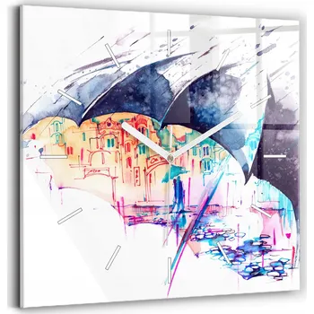 Hodiny Skleněné hodiny s potiskem Nástěnné Tiché ručičky Déšť, deštník a město