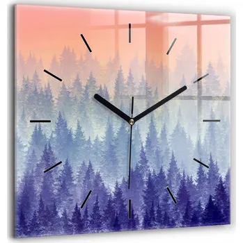 Hodiny Čtvercové Skleněné Nástěnné Hodiny do Obýváku se Vzorem Les v mlze 60x60 cm