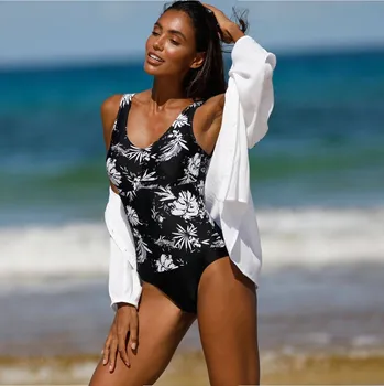 Dámské plavky Jednodílné plavky Tabika s tankiny efektem a potiskem černá/béžová 40