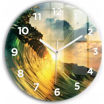 Hodiny Čtvercové Skleněné Foto Hodiny na Zeď do Obýváku Vlna Západ Slunce průměr 30 cm