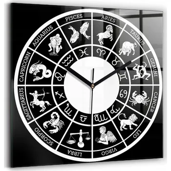 Hodiny Čtvercové Skleněné Nástěnné Hodiny do Obýváku s S Potiskem Znamení Zvěrokruhu 30x30 cm