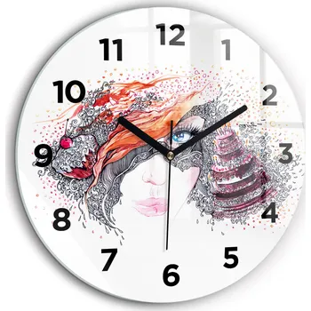 Hodiny Nástěnné čtvercové skleněné hodiny s motivem: Sladká žena s dortem, průměr 60 cm