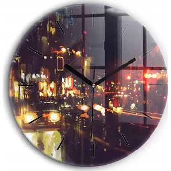 Hodiny Skleněné foto hodiny na zeď Malované město kulatý černé ručičky průměr 60 cm