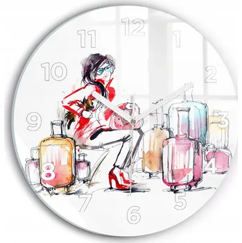 Hodiny Minimalistické Skleněné Nástěnné Hodiny s Motivem Ženy s kufry fi30 cm