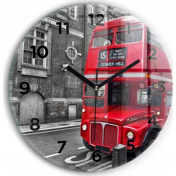 Hodiny Nástěnné Kulatý Skleněné Hodiny s Grafickým Motivem Červený Patrový Autobus průměr 30 cm