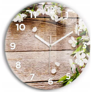 Hodiny Kulatý Skleněné Nástěnné Hodiny do Kanceláře s Grafikou Květiny na dřevě průměr 30 cm