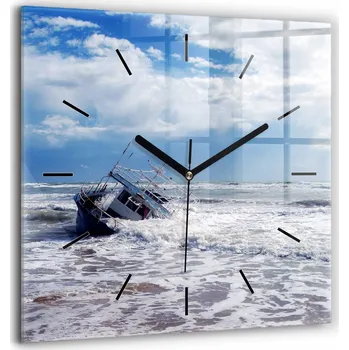Hodiny Čtvercové skleněné nástěnné hodiny s motivem potopené loď, 60x60 cm