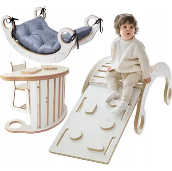 Dětská houpačka Houpačka Montessori bílá s polštářem, lezeckou stěnou, židlí a deskou