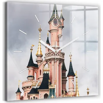Hodiny Skleněné nástěnné hodiny do kanceláře s grafikou Zámek Disneyland v Paříži 30x30 cm