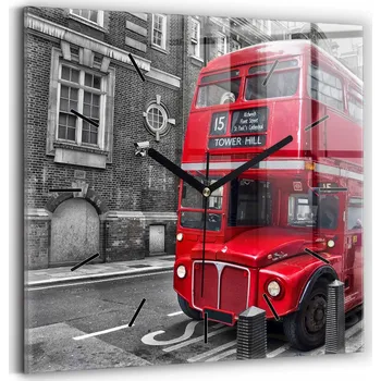 Hodiny Skleněné nástěnné hodiny do kanceláře s grafikou Červený dvoupatrový autobus 30x30 cm